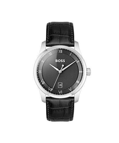 BOSS Three Hand Quartz Movement Watch for Men PRINCIPLE Collection with Black Leather Strap - 1514122