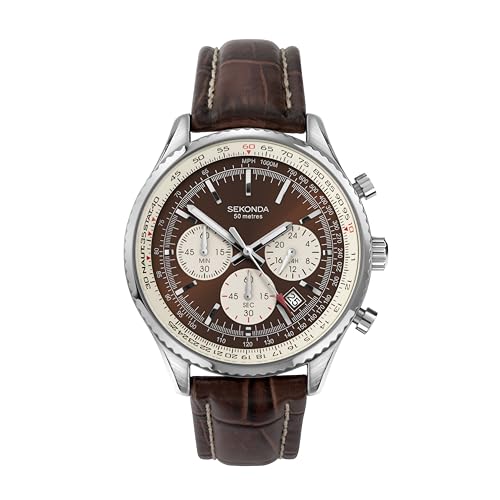 Sekonda Men's Quartz Watch with Chronograph Display and Leather Strap, Brown/Brown, Brown Leather Strap/Brown Dial