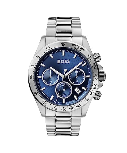 BOSS Men's 43mm Chronograph Quartz Watch HERO Collection with Silver Stainless Steel Bracelet, Blue Dial, Date Function, 3 Sub-Dials, 5ATM Water Resistant - 1513755