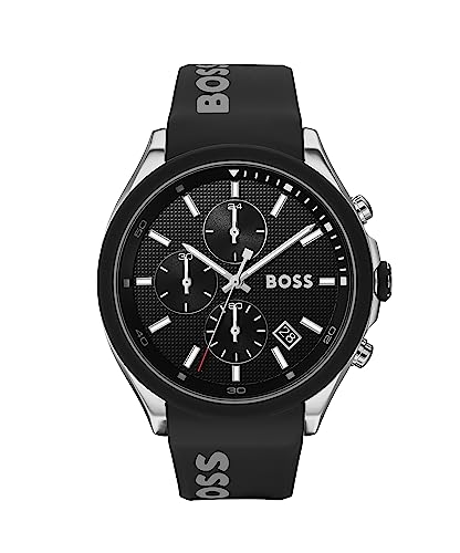 BOSS Men's 44m Chronograph Quartz Watch VELOCITY Collection with Black Textured Dial, Black Silicone Strap, Date Function, 3 Sub-Dials, 5ATM Water Resistance - 1513716