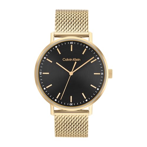 Calvin Klein Men's Analogue Quartz Watch Modern Mesh Collection with Leather or Stainless Steel Strap in Link or Mesh Design, Black & Gold, Bracelet