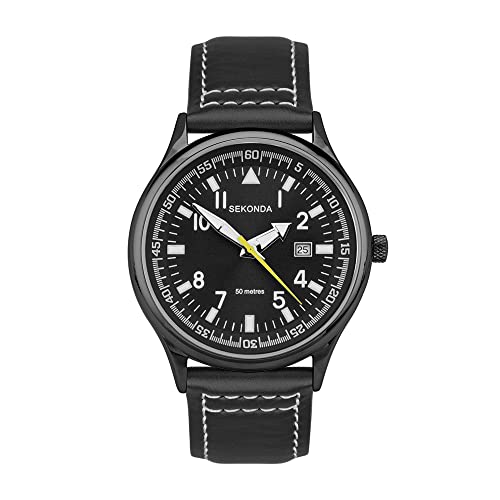 Sekonda Men's 42mm Pilot Style Quartz Watch with Analogue Display Date Window and Leather Strap 50m Water Resistant, Black, Strap