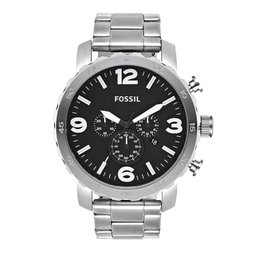 Fossil Nate Watch for Men, Quartz Chronograph Movement with Stainless Steel or Leather Strap, Silver Tone, 50 mm, Bracelet