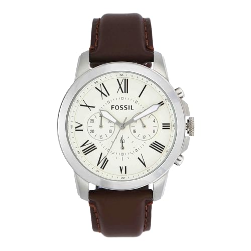 FOSSIL Grant Watch for Men, Quartz Chronograph Movement with Stainless Steel or Leather Strap, White and Brown, 44 Mm, Strap