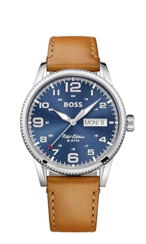 BOSS Analogue Quartz Watch for Men PILOT VINTAGE Collection with Light Brown Leather Strap - 1513331