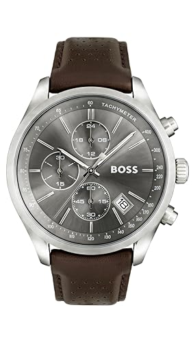 BOSS Men's 43mm Chronograph Quartz Watch GRAND PRIX collection with Grey Sunray Dial, Brown Perforated Leather Strap, Date Function, 3ATM Water Resistance - 1513476