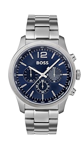 BOSS Men's 44 mm Chronograph Quartz Watch THE PROFESSIONAL Collection with Blue Sunray Dial, Silver Stainless Steel Bracelet, 3 Sub-Dials, 3ATM Water Resistance - 1513527