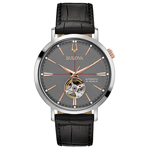 Bulova Mens Analogue Automatic Watch with Leather Strap 98A187, Black, 41 mm, Strap