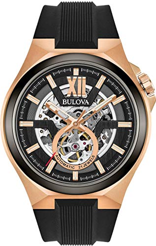 Bulova Men's Analogue Automatic Watch with Silicone Strap 98A177, Black, strap
