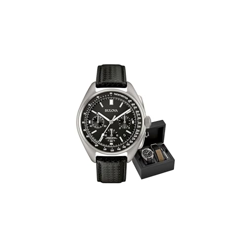 Bulova Men's Leather Strap Moon Watch, Black, Standard, Vintage-Inspired
