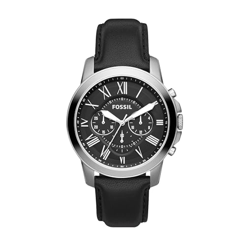 FOSSIL Grant Watch for Men, Quartz Chronograph Movement with Leather and Stainless Steel Strap, Black and Grey, 44 mm, Strap