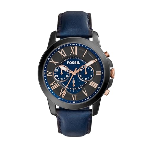 FOSSIL Grant Watch for Men, Quartz Chronograph Movement with Leather and Stainless Steel Strap, Black and Blue, 44 mm, Strap