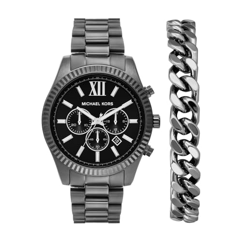 Michael Kors Lexington Watch for Men, 44mm Quartz Chronograph Movement with Stainless Steel Strap, Charcoal Set, 44 mm, Bracelet