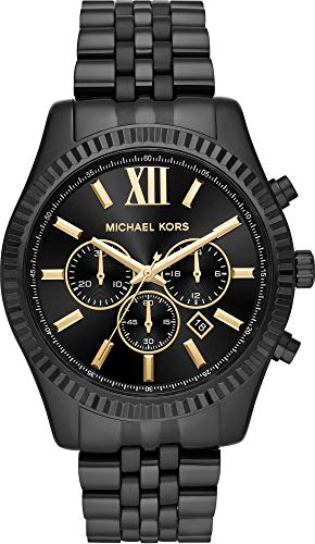 Michael Kors Lexington Watch for Men, Chronograph Movement with Stainless Steel or Leather Strap, Black and Gold Tone, 44MM, Bracelet