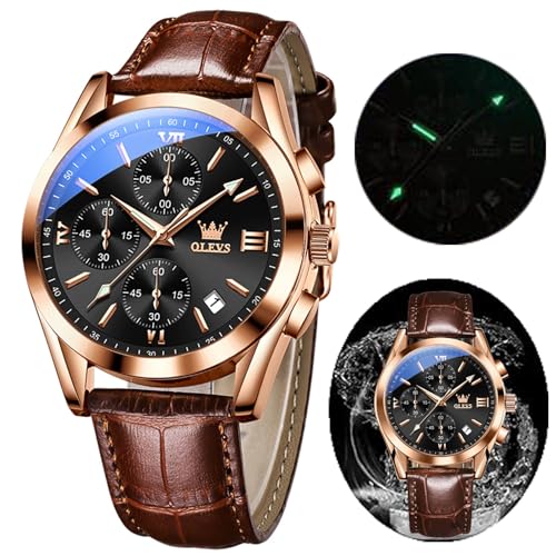 OLEVS Men's Quartz Chronograph Leather Strap Gold Case with Date of Day Stainless Steel Luminous Fashion Leisure, Brown Rose Shell Black Face, Fashion, leisure, sport