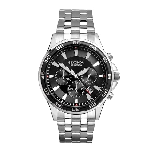 Sekonda Jenson Mens 44mm Chronograph Quartz Watch with Stainless Steel Bracelet Date Window 50m Water Resistant, Silver/Black, Single