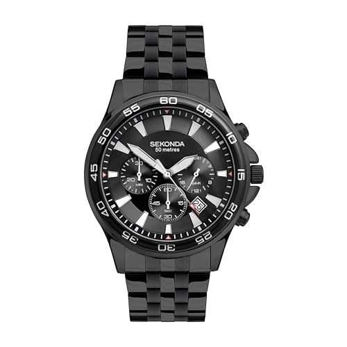 Sekonda Jenson Mens 44mm Chronograph Quartz Watch with Stainless Steel Bracelet Date Window 50m Water Resistant, Black/Black, japanese