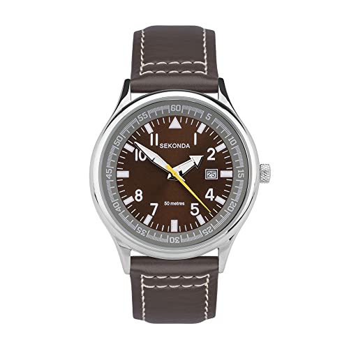 Sekonda Men's 42mm Pilot Style Quartz Watch with Analogue Display Date Window and Leather Strap 50m Water Resistant, Brown, Classic