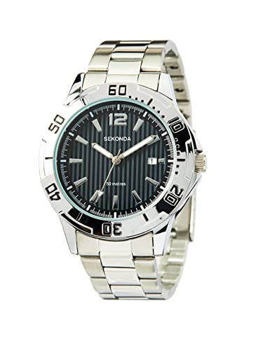 Sekonda Mens 44mm Caspian Silver Stainless Steel Bracelet 50m Water Resistant Dive Watch 3 Hand Date Display, Black, Bracelet