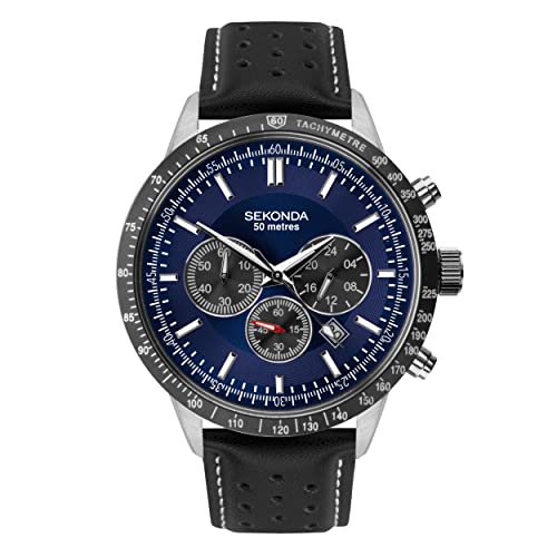 Sekonda Mens 45mm Velocity Chronograph Sports Watch Round Stainless Steel Case Water Resistant 50 metres, Blue, Blue - Black Leather Strap, 1971-AMZUK