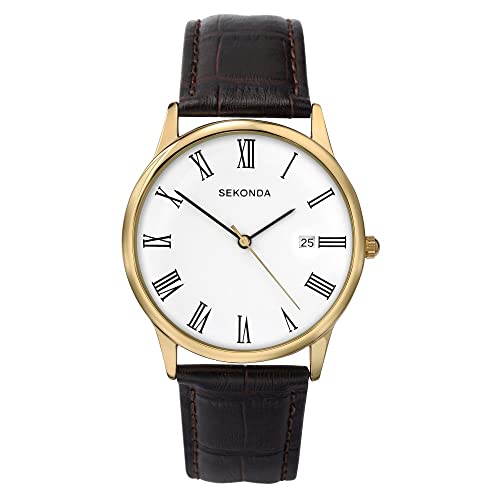 Sekonda Men's Analogue Quartz Watch with 38mm Alloy Case, White Dial and Leather Upper Strap 3676, Brown/Gold/Wite, 38 mm, Strap