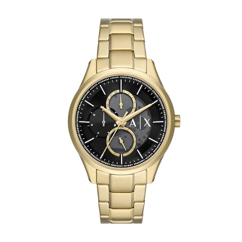 Armani Exchange Watch for Men, Chronograph Movement and 42mm Case Size with Stainless Steel, Leather or Silicone Strap, Gold Tone and Black, standard size, Bracelet