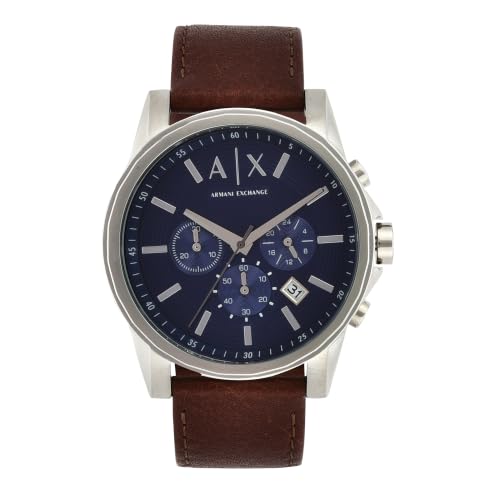 Armani Exchange Watch for Men, Quartz Chronograph Movement, 45 mm Silver Stainless Steel Case with a Leather Strap, AX2501