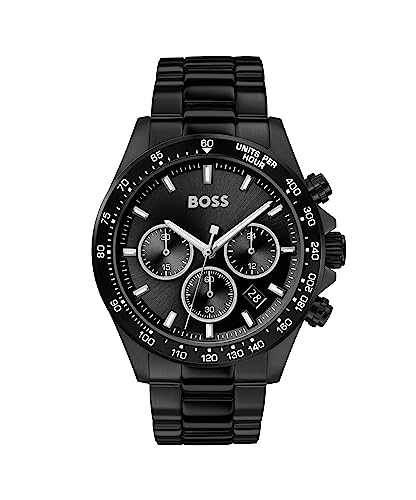 BOSS Men's 43 mm Chronograph Quartz Watch HERO Collection with Black Stainless Steel Bracelet, Black Dial, Date Function, 3 Sub-Dials, 5ATM Water Resistant - 1513754