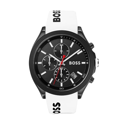 BOSS Men's 44mm Chronograph Quartz Watch VELOCITY Collection with Black Textured Dial, White Silicone Strap, Date Function, 3 Sub-Dials, 5ATM Water Resistant - 1513718