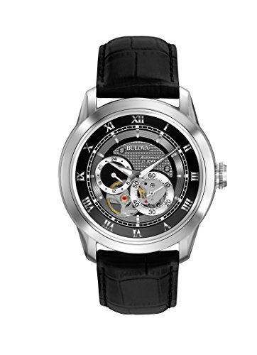 Bulova Classic Automatic Men's Stainless Steel with Leather Strap, Silver-Tone, Black Strap/Black Dial, Chronograph,Skeleton Watch,Mechanical,Self-winding,Automatic Watch