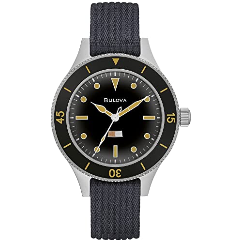 Bulova Men's Archive Series MIL-SHIPS-W-2181 Stainless Steel 3-Hand Hack Automatic Watch, Grey Nylon Strap and Black Matte Dial Style: 98A266, Silver, Automatic Watch, Silver, Automatic Watch