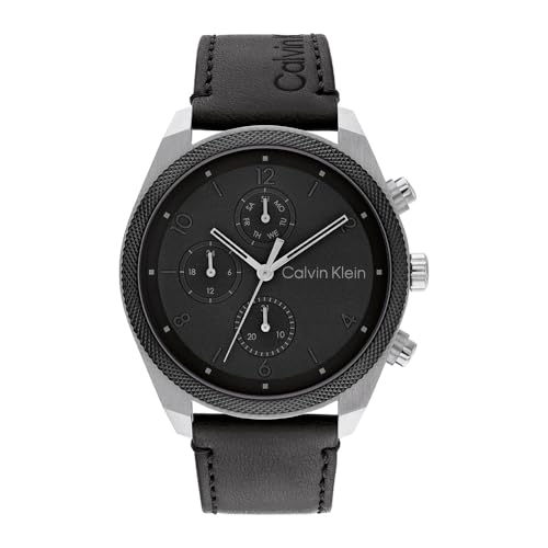 Calvin Klein Analogue Multifunction Quartz Watch for Men IMPACT Collection with Black Leather Strap - 25200364