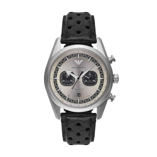 Emporio Armani Men's Watch Chronograph Movement 2 Subdials and 43mm Case with Stainless Steel, Leather or Silicone Strap, Grey and Black, 42 mm, Strap