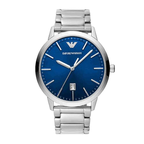 Emporio Armani Watch for Men, Quartz Three Hand Date Movement and 43mm Case Size with Stainless Steel Strap, Silver Tone and Aqua Blue, 43 mm, Bracelet