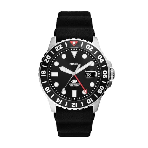 FOSSIL Blue Watch for Men, GMT Movement with Stainless Steel or Leather Strap, Black, 46 mm, Strap