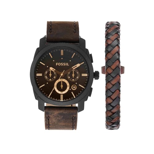 Fossil Machine Watch for Men, Chronograph Movement with Stainless Steel or Leather Strap, Dark Brown, 42 mm, Dark Brown, 42MM, Ribbon