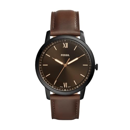 FOSSIL Minimalist Men's Quartz Three-Hand Movement Watch with Stainless Steel or Leather Strap, Dark Brown, 44mm, Strap