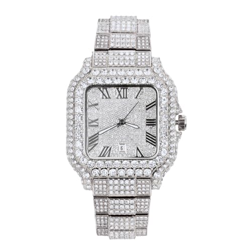 Halukakah Men's Watch - Moissanite Diamond Iced Out - Luxury 18k Real Gold/Platinum White Gold Plated, Japanese Quartz Movement, 55 mm Rectangular Dial with Calendar, Solid Made, 21 cm Strap, platinum
