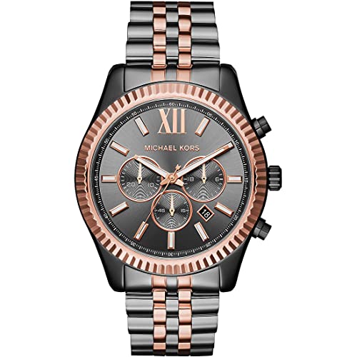 Michael Kors Lexington Watch for Men, Chronograph Movement with Stainless Steel or Leather Strap, Charcoal and Rose Gold Tone, 44MM, MK8561-AMZUK