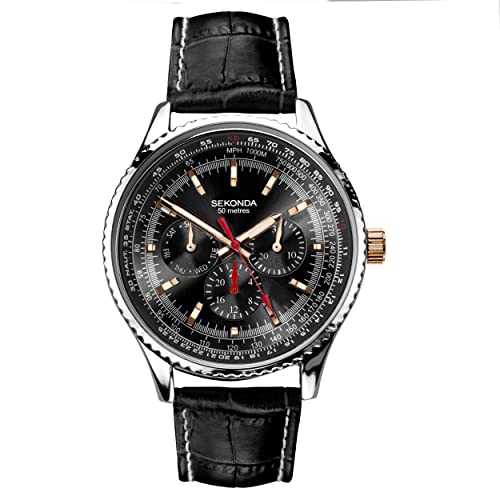 Sekonda Maverick Men’s 43mm Quartz Watch with Analogue Display, Black, Black Leather White Stitches, Military