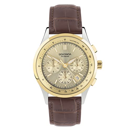 Sekonda Racer Mens 42mm Quartz Watch with Analogue Date Display, and Leather Strap, Brown, strap
