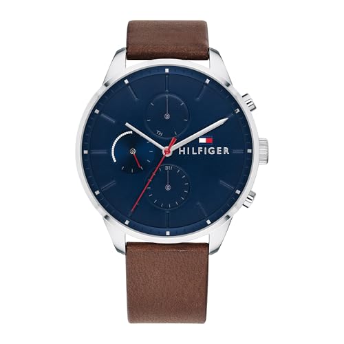 Tommy Hilfiger Men's Analogue Multifunction Quartz Watch - Brown Leather Strap, 44mm Navy Dial, 3-Hand Movement, Water Resistant 5ATM - 1791487